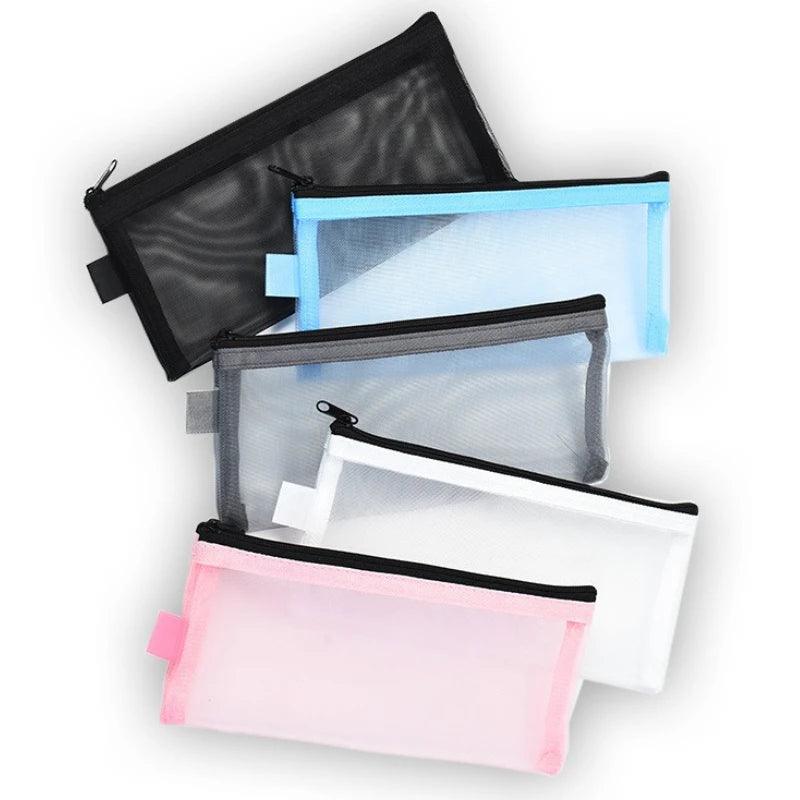 Simple Transparent Zipper Pencil Case Mesh Cosmetic Storage Bag Clear Stationery Bag Nylon Makeup Pouch Portable Travel Handbag - Ammpoure Wellbeing