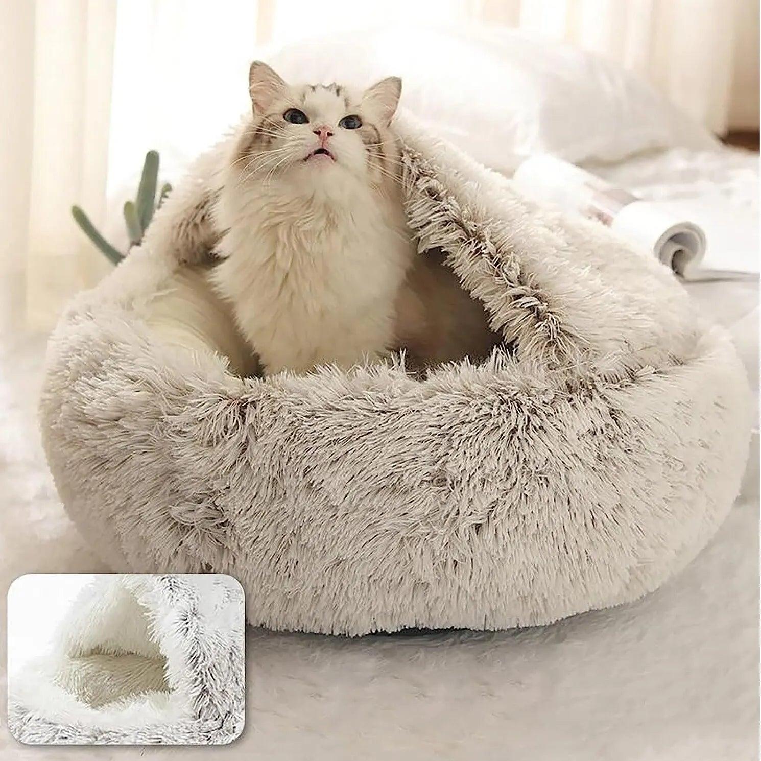 Soft Plush Pet Bed with Cover Round Cat Bed Pet Mattress Warm Cat Dog 2 in 1 Sleeping Nest Cave for Small Dogs - Ammpoure Wellbeing