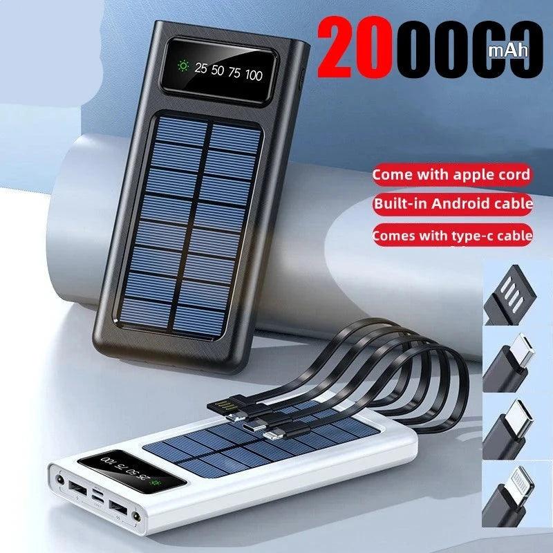 Solar Power Bank 200000mAh Solar Battery Large Capacity Two - way Fast Charging Built - in Cable Power Bank External Battery - Ammpoure Wellbeing