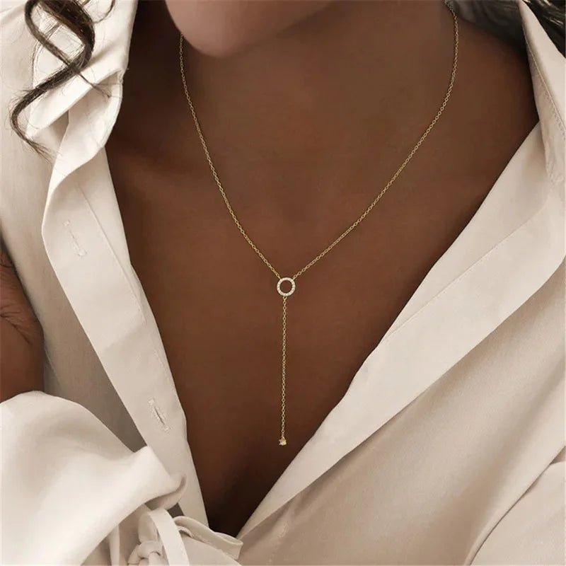 Sterling Silver Double - Deck Circle Zircon Pendant Long O - Chain Choker Necklace 2024 Spring Women Wedding Fine Jewelry - Ammpoure Wellbeing