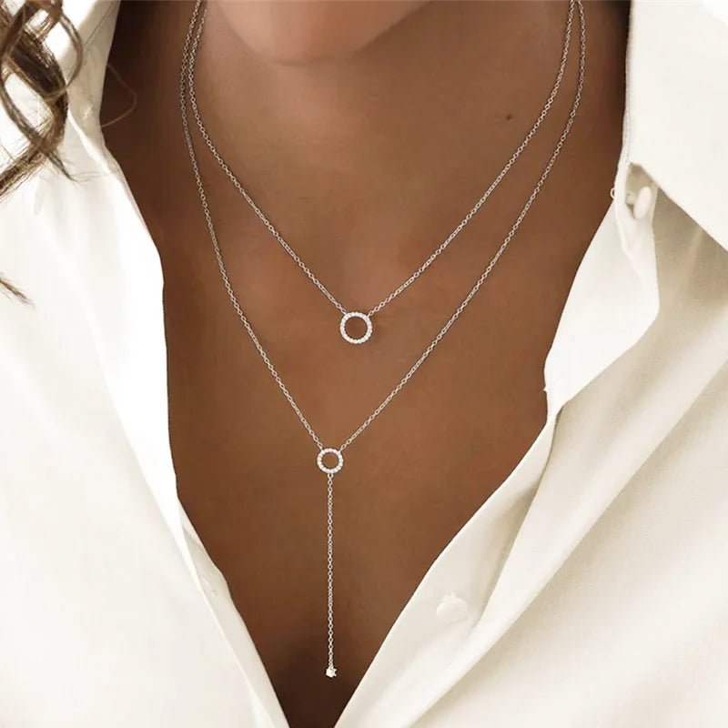 Sterling Silver Double - Deck Circle Zircon Pendant Long O - Chain Choker Necklace 2024 Spring Women Wedding Fine Jewelry - Ammpoure Wellbeing