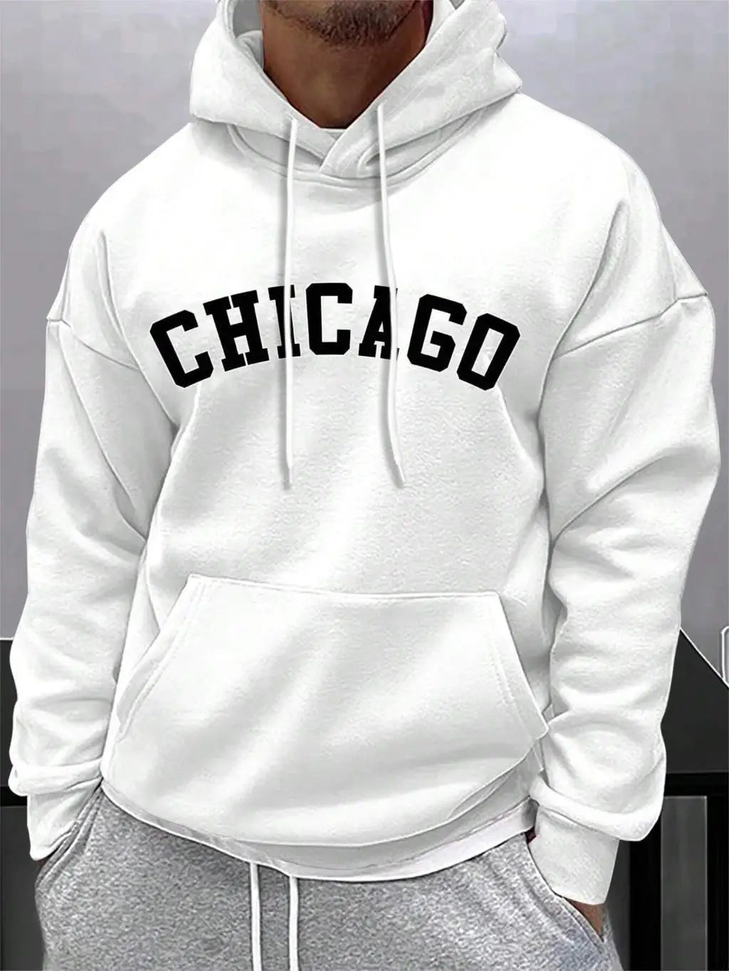 Street Letter Chicago Printing Hoodies For Men Pocket Drawstring Pullovers Thermal Fleece Soft Sweatshirts Autumn Casual Clothes - Ammpoure Wellbeing