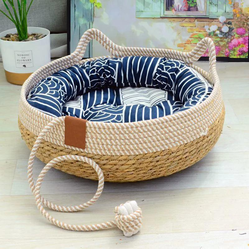 Summer Cat Bed Woven Removable Upholstery Sleeping House Cat Scratch Floor Rattan Wear - resistant Washable Cat Pet Supplies - Ammpoure Wellbeing