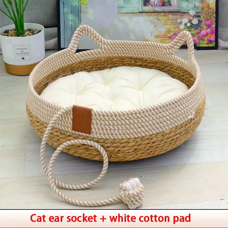 Summer Cat Bed Woven Removable Upholstery Sleeping House Cat Scratch Floor Rattan Wear - resistant Washable Cat Pet Supplies - Ammpoure Wellbeing