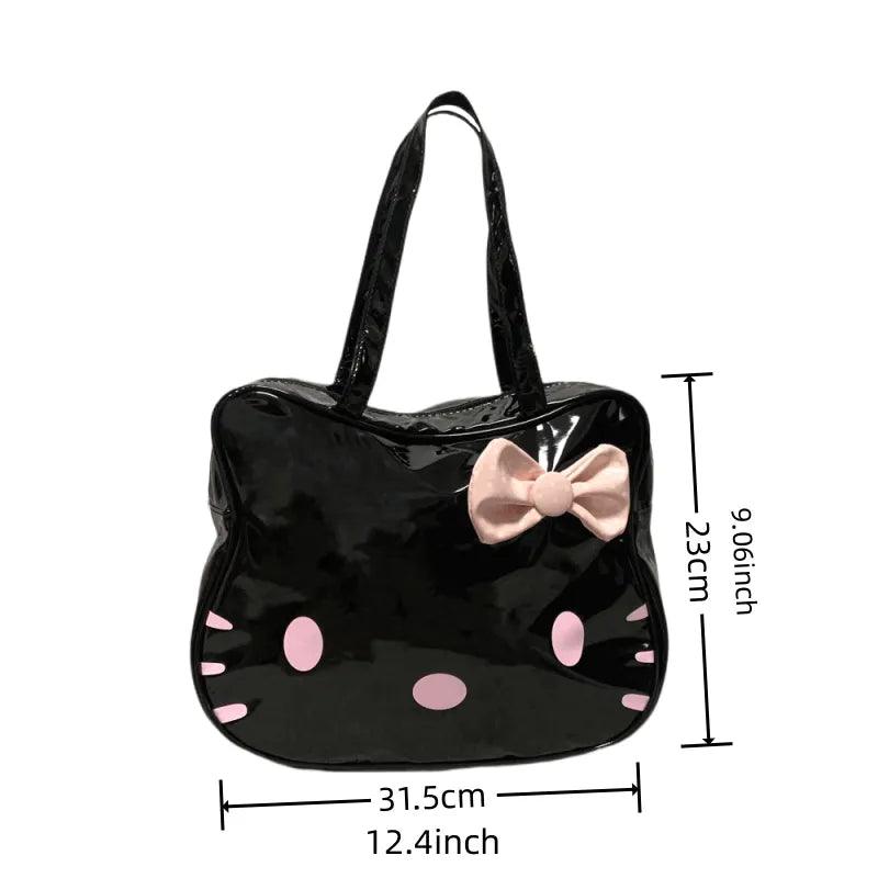 Travel Organizer Hello Kitty Handbags Y2k Bag 12.4inch*9.06inch 2023 Cartoon Print Tote Bag PU Glossy Black Tote Water Proof - Ammpoure Wellbeing