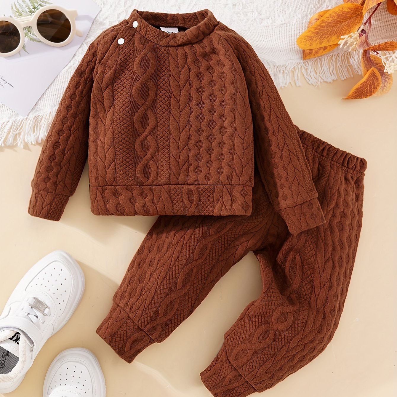 Unisex Baby Girls Boys Cable Knit Sweater Long Sleeve T - Shirt Tops + Pants 2pcs Outfit Fall Winter Warm Clothes - Ammpoure Wellbeing