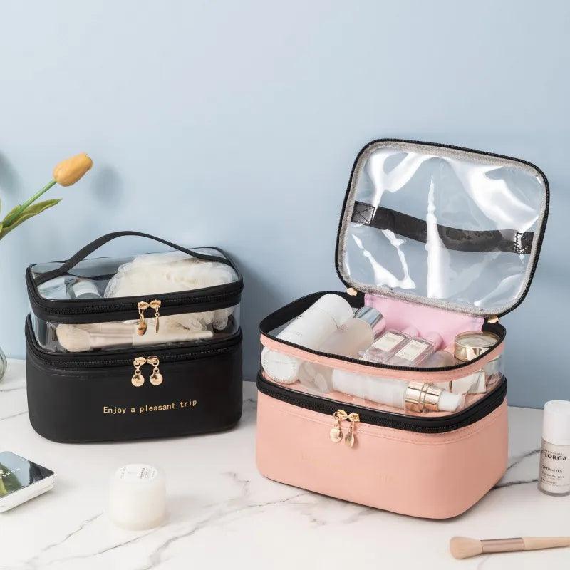 Waterproof PVC Women Cosmetic Bag Portable Traveling Leather Toiletries Organize Storage Make Up Case Transparent Handbag - Ammpoure Wellbeing