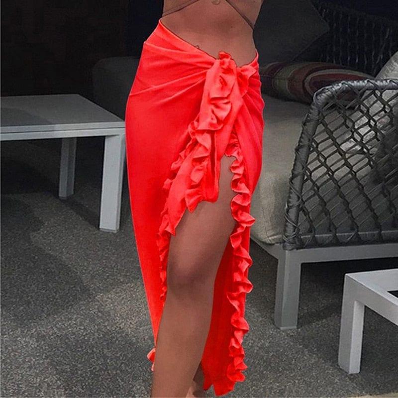 Women Chiffon See - Through Beach Bikini Cover Up Wrap Scarf Swimwear Pareo Sarong Dress Solid Ruffle Casual Beach Dress - Ammpoure Wellbeing