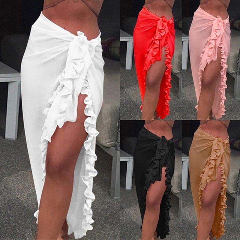 Women Chiffon See - Through Beach Bikini Cover Up Wrap Scarf Swimwear Pareo Sarong Dress Solid Ruffle Casual Beach Dress - Ammpoure Wellbeing